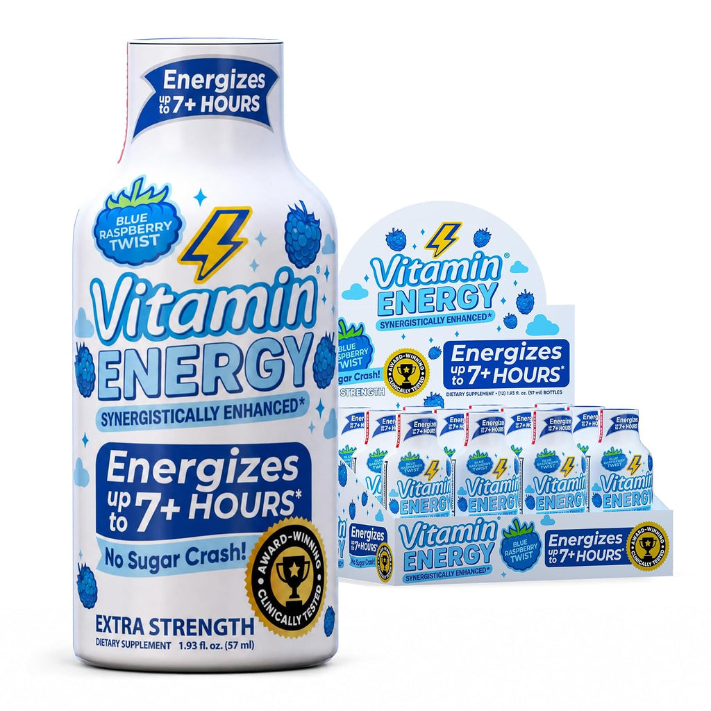 Vitamin Energy Blue Raspberry Twist Extra Strength Energy Shot, 12 Pack - Up to 7 Hrs, 260mg Natural Caffeine, Zero Sugar - Electrolytes + BCAAs, Hydration, B12 B6 Niacin, 1.93 fl oz, Keto Vegan
