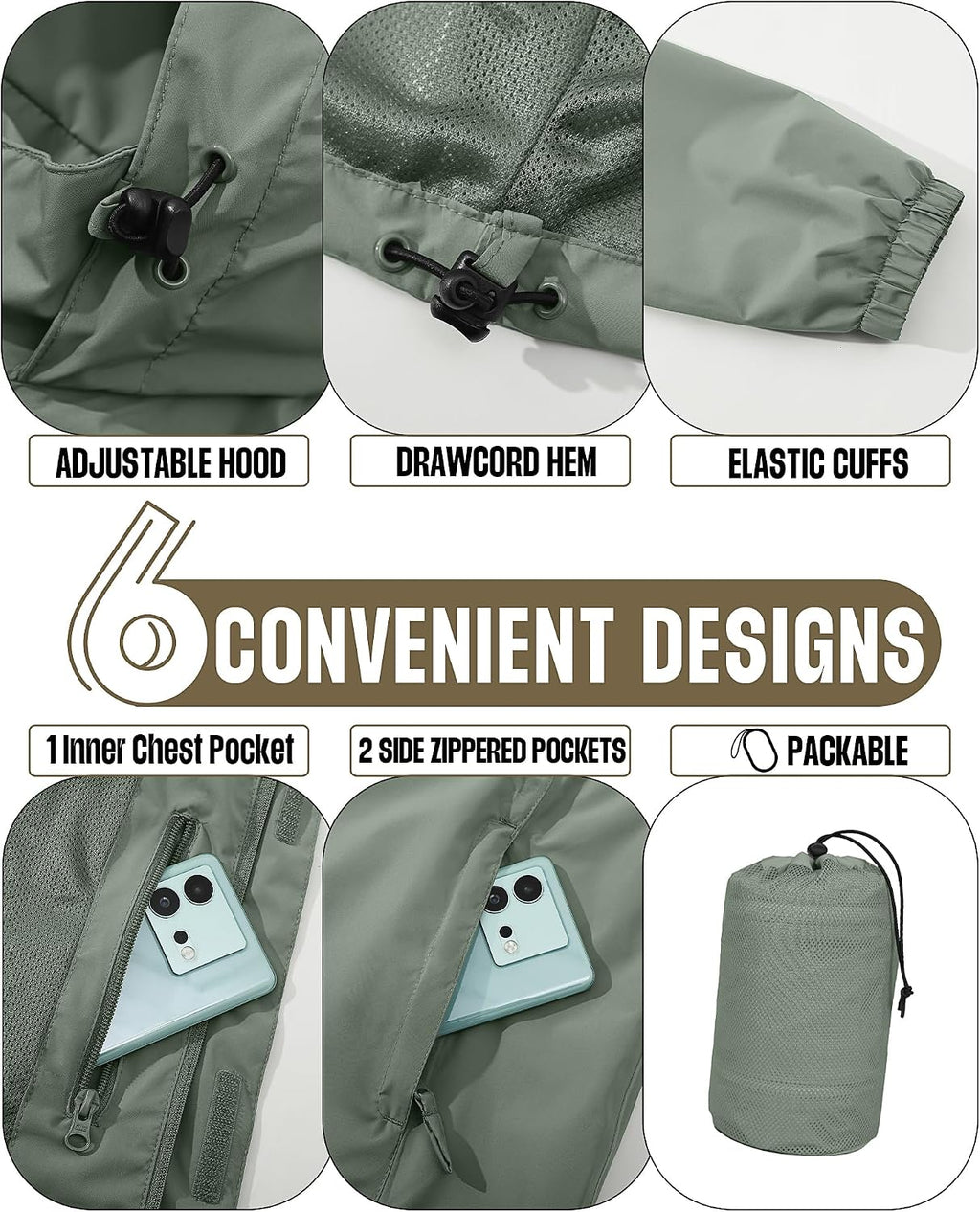 33,000ft Men's Waterproof Rain Jacket Packable Lightweight Hood Rain Shell