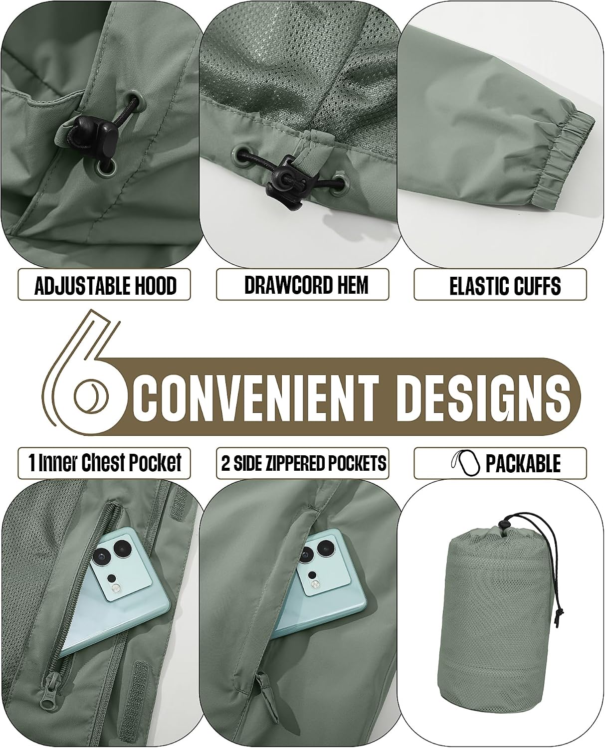 33,000ft Men's Waterproof Rain Jacket Packable Lightweight Hood Rain Shell