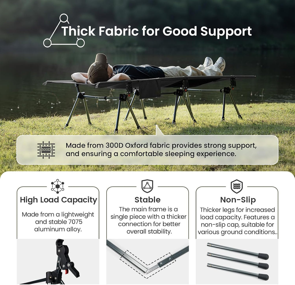 ONETIGRIS SUPRANUBIS Camping Cot, Height Adjustable with Cot Leg Extenders, Strong Support 330lbs, Lightweight Comfortable Folding Bed for Camping, Hiking, Travel, Truck, Beach, Office Nap
