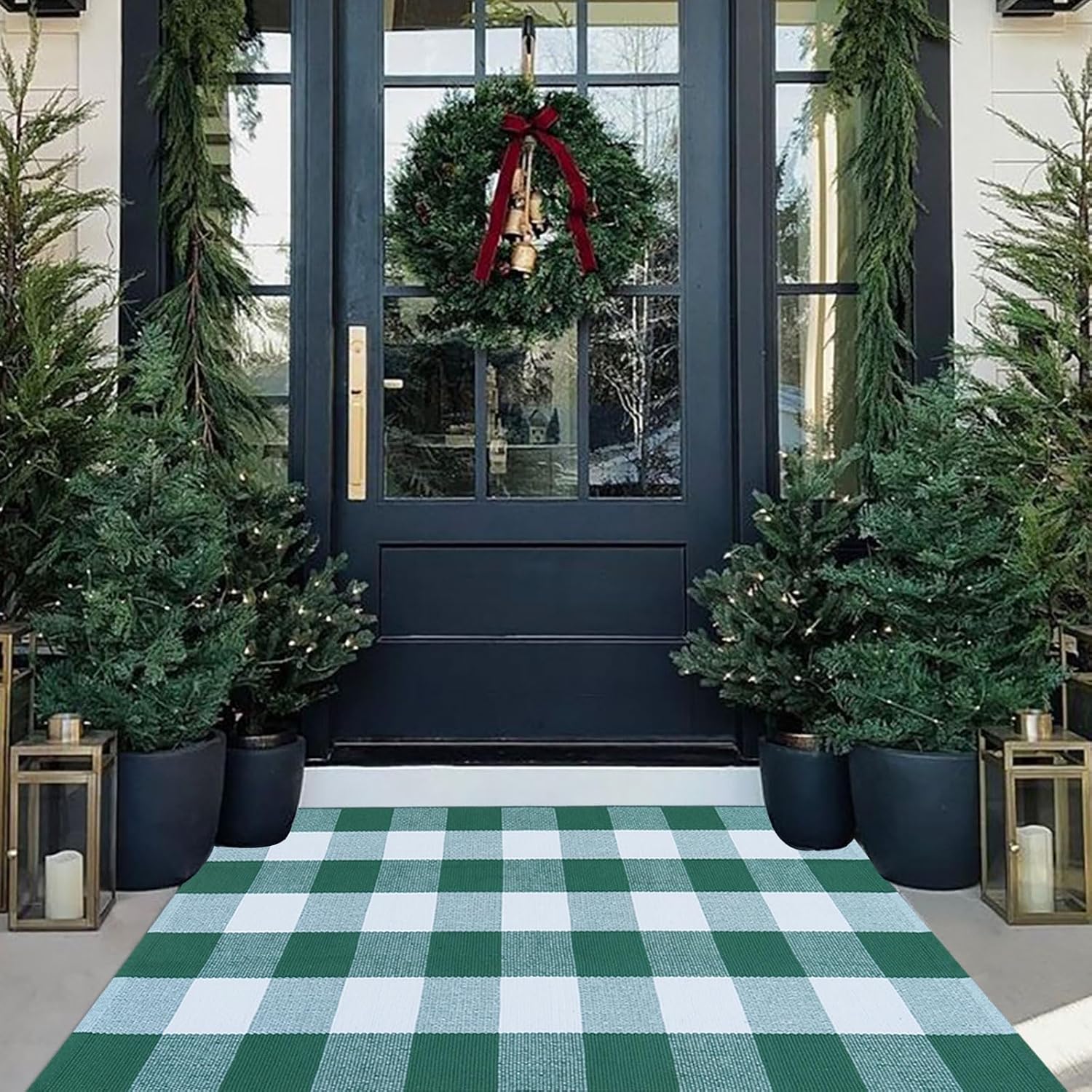 Fall Outdoor Rug Orange Buffalo Plaid Outdoor Rug Cotton Hand-Woven Buffalo Check Rug Layered Doormats for Front Door/Front Porch/Farmhouse/Entryway/Patio(Orange and White Plaid, 3' x 5')