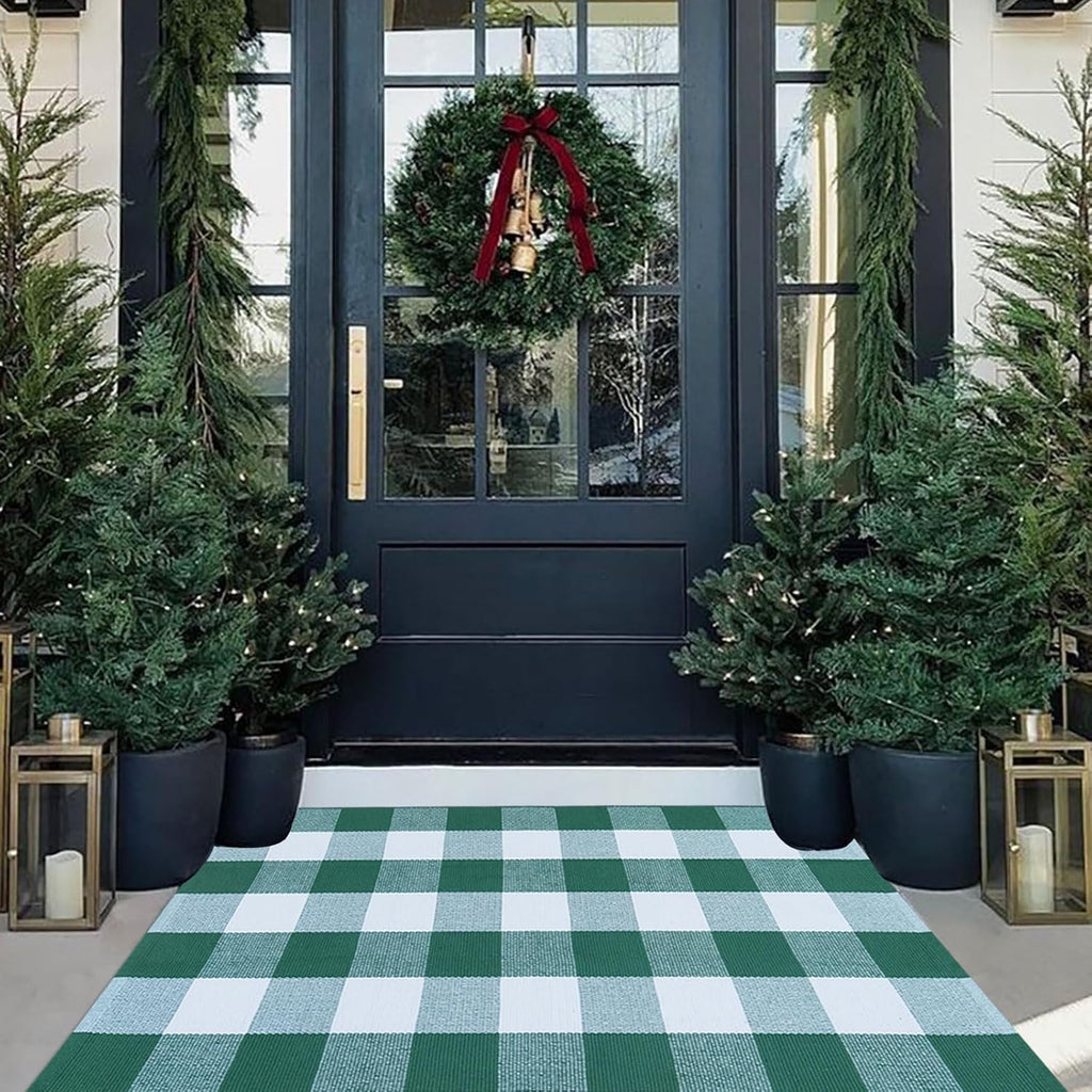 Fall Outdoor Rug Orange Buffalo Plaid Outdoor Rug Cotton Hand-Woven Buffalo Check Rug Layered Doormats for Front Door/Front Porch/Farmhouse/Entryway/Patio (Orange and Black Plaid, 3' x 5')
