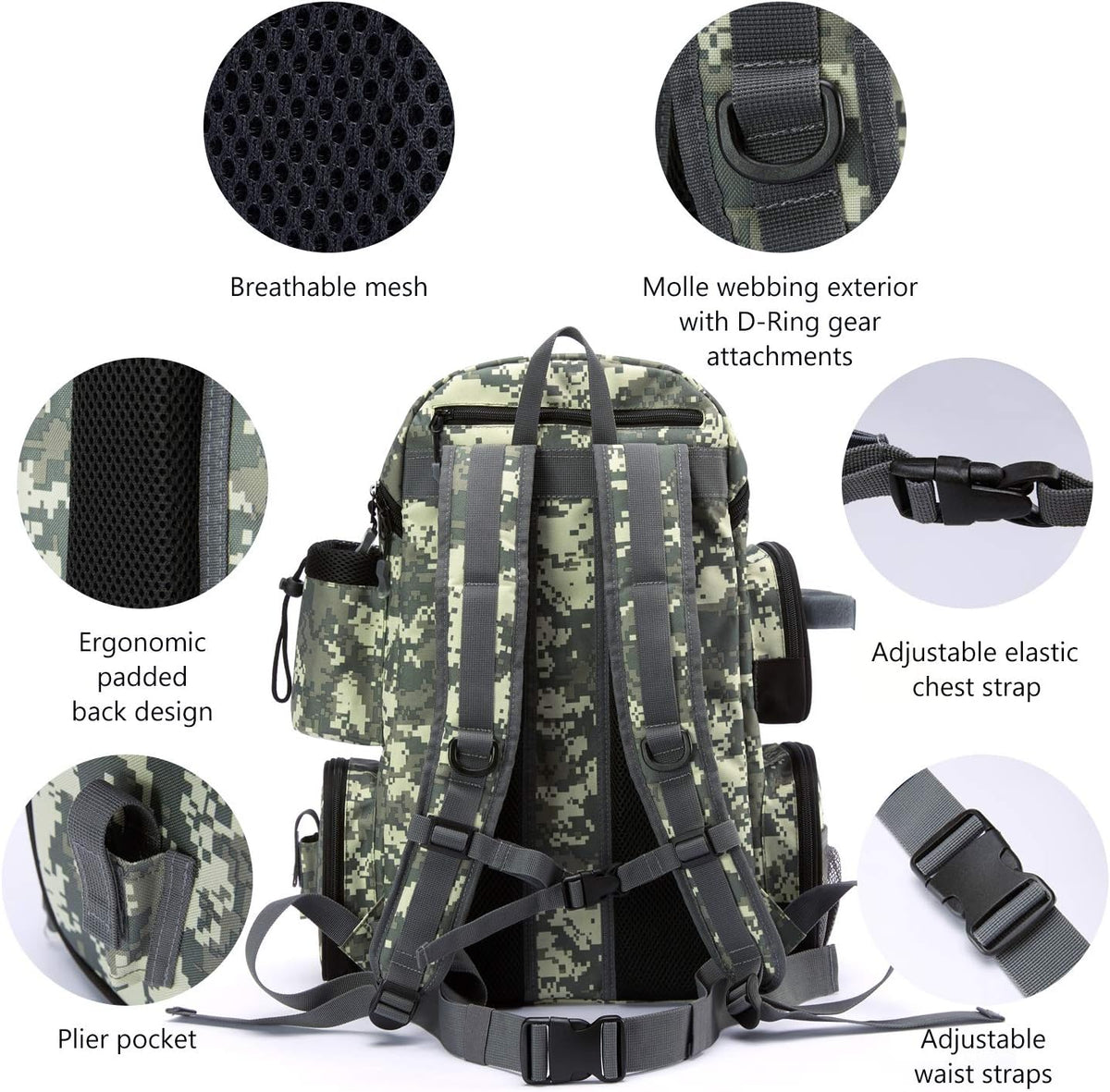 BASSDASH Fishing Tackle Backpack Water Resistant Tactical Bag Soft Tackle Box with Rod Holder and Protective Rain Cover