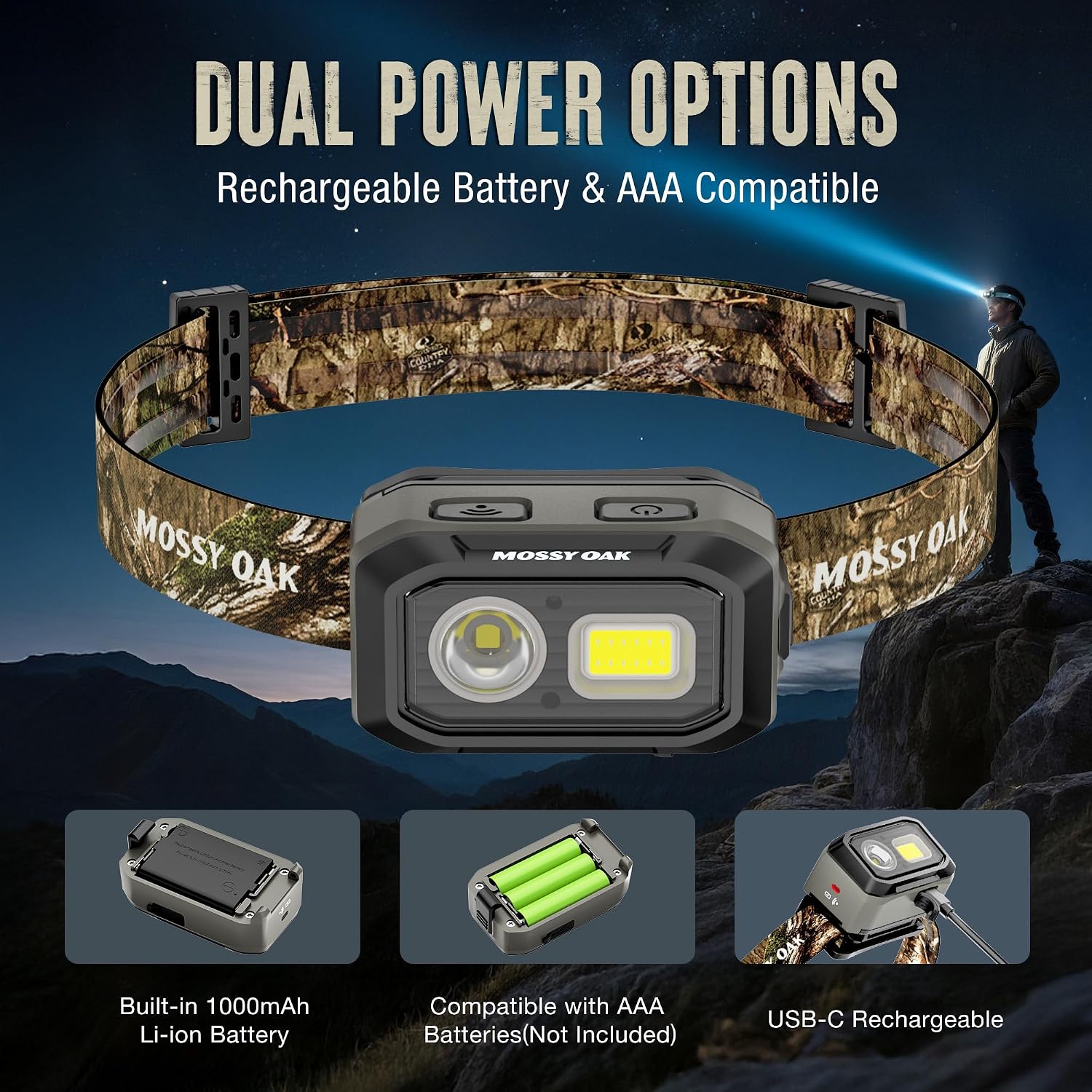 Mossy Oak 600 Lumens Headlamp, Dual Power with Motion Sensor and Magnet