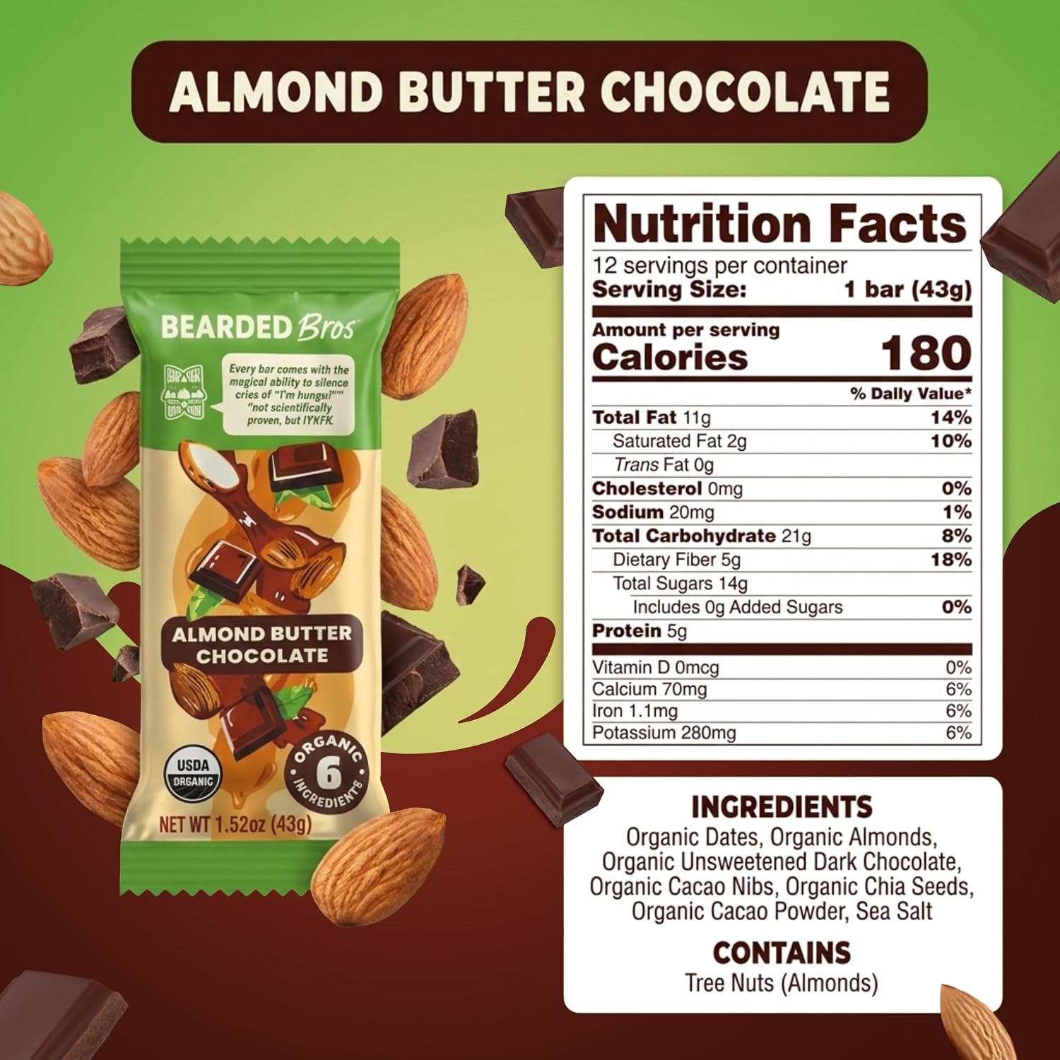 Bearded Brothers Organic Vegan Energy Bars Almond Butter Chocolate 12 Count
