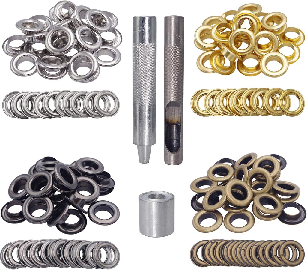 Wolfride 100 Sets Brass Grommet kit 10mm 3/8" Inside Diameter Canvas Fabric Grommet Kit Tarp Eyelet kit (4 Colors)