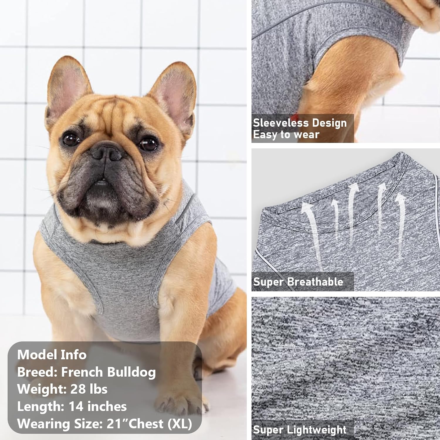 KYEESE Reflective Dog Shirt, Lightweight Sun Protection Dog T Shirts for Small Dogs, Breathable Sleeveless Pet Tank Top High Visibility Summer Dogs Clothes for Night Walking Outdoor, Grey, M