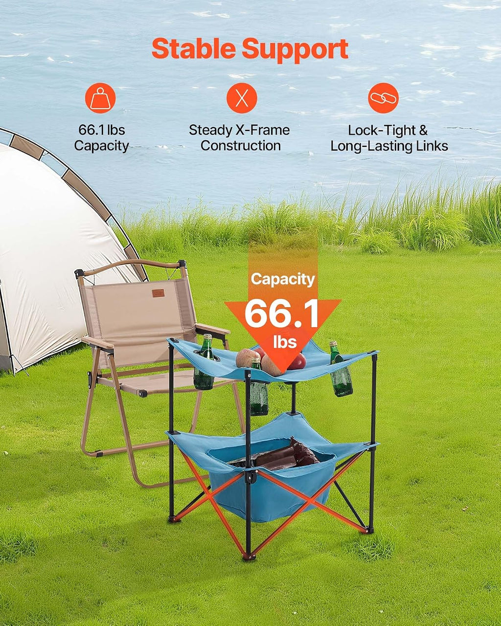 VEVOR Folding Camping Table, Portable Outdoor Lightweight Picnic Table, 600D Oxford Fabric Waterproof Canvas Travel Beach Tables, with 4 Cup Holders, Carry Bag, for Tailgating Camping Picnic, Blue