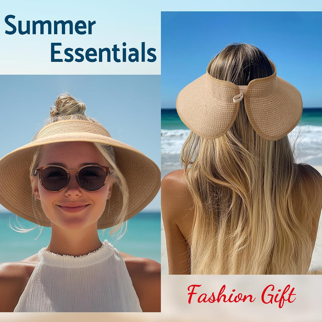 NPJY Sun Hats for Women Wide Brim Roll-Up Ponytail Packable Straw Visor