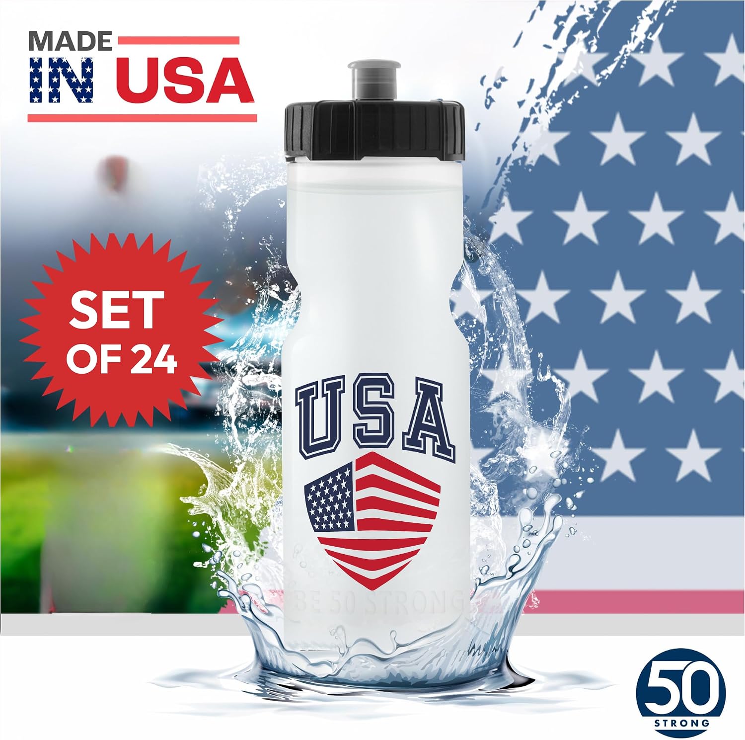 50 Strong | Custom Water Bottles, 24-Pack, 22 oz, Personalized, Logo Ready