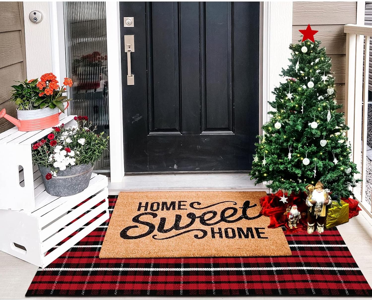 Christmas Front Door Mat Outdoor 2'X4.3' Red Plaid Porch Rug Welcome Mat