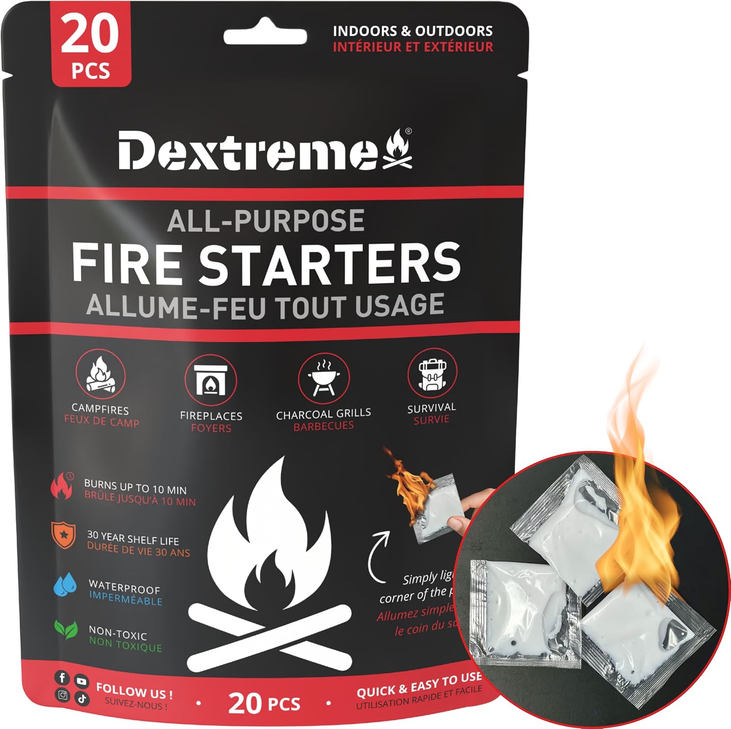 Dextreme Quick Instant Fire Starter - Waterproof All-Purpose Indoor & Outdoor Firestarter, for Charcoal Starter, Campfire, Fireplace, BBQ, Survival and Wood Stove (100 Pcs Tube)