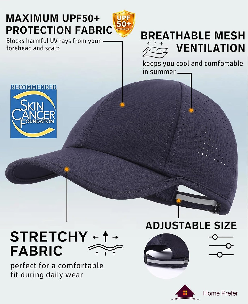 Home Prefer UPF50 Sun Hat for Men Women Reflective Water Repellent Quick Dry Baseball Cap Golf Running Outdoor Sport Hat