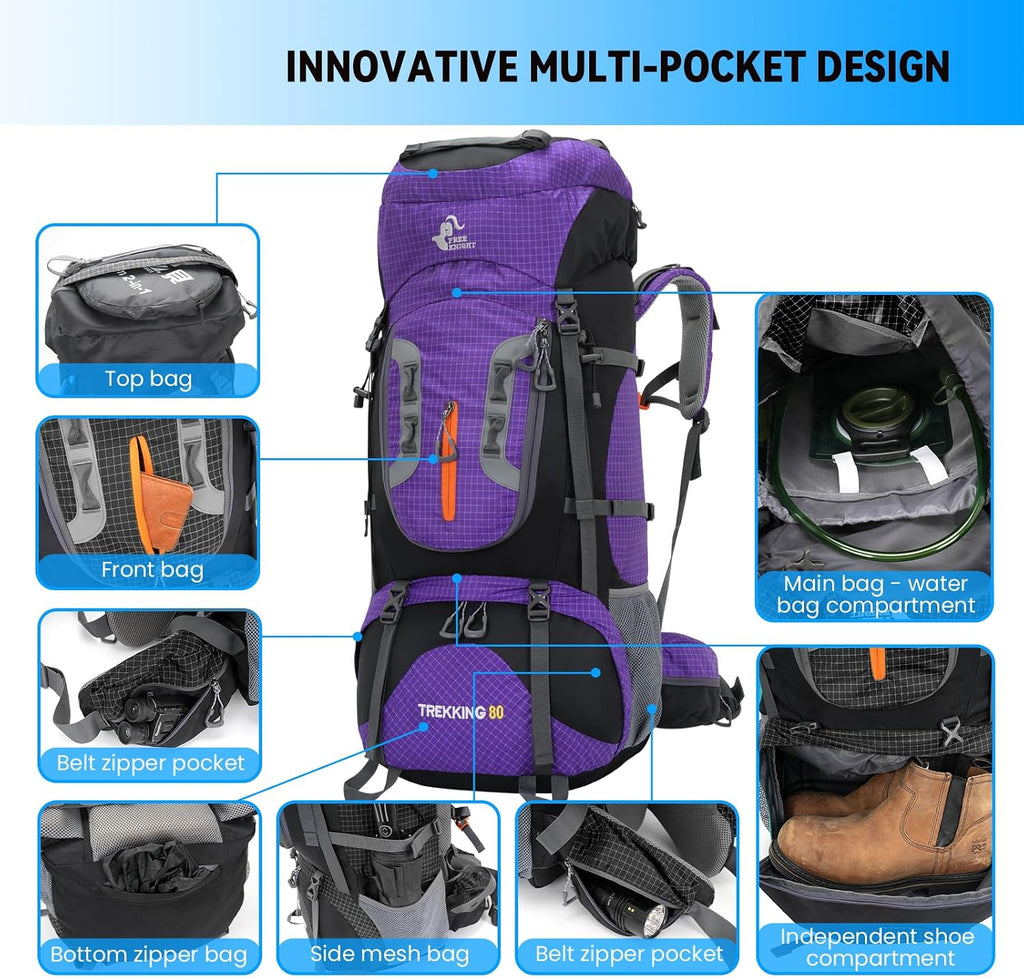 Bseash 80L Waterproof Hiking Camping Backpack with Rain Cover, Lightweight Outdoor Sport Travel Daypack for Climbing Touring