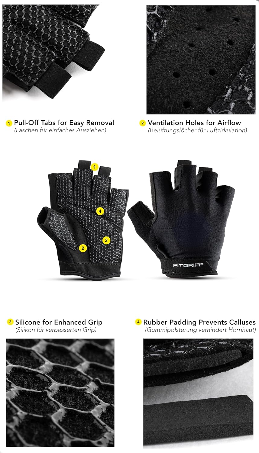 Fitgriff® Workout Gloves (Padded) for Men & Women - Fingerless Gym Gloves for Weight Lifting, Training - Full Palm Protection