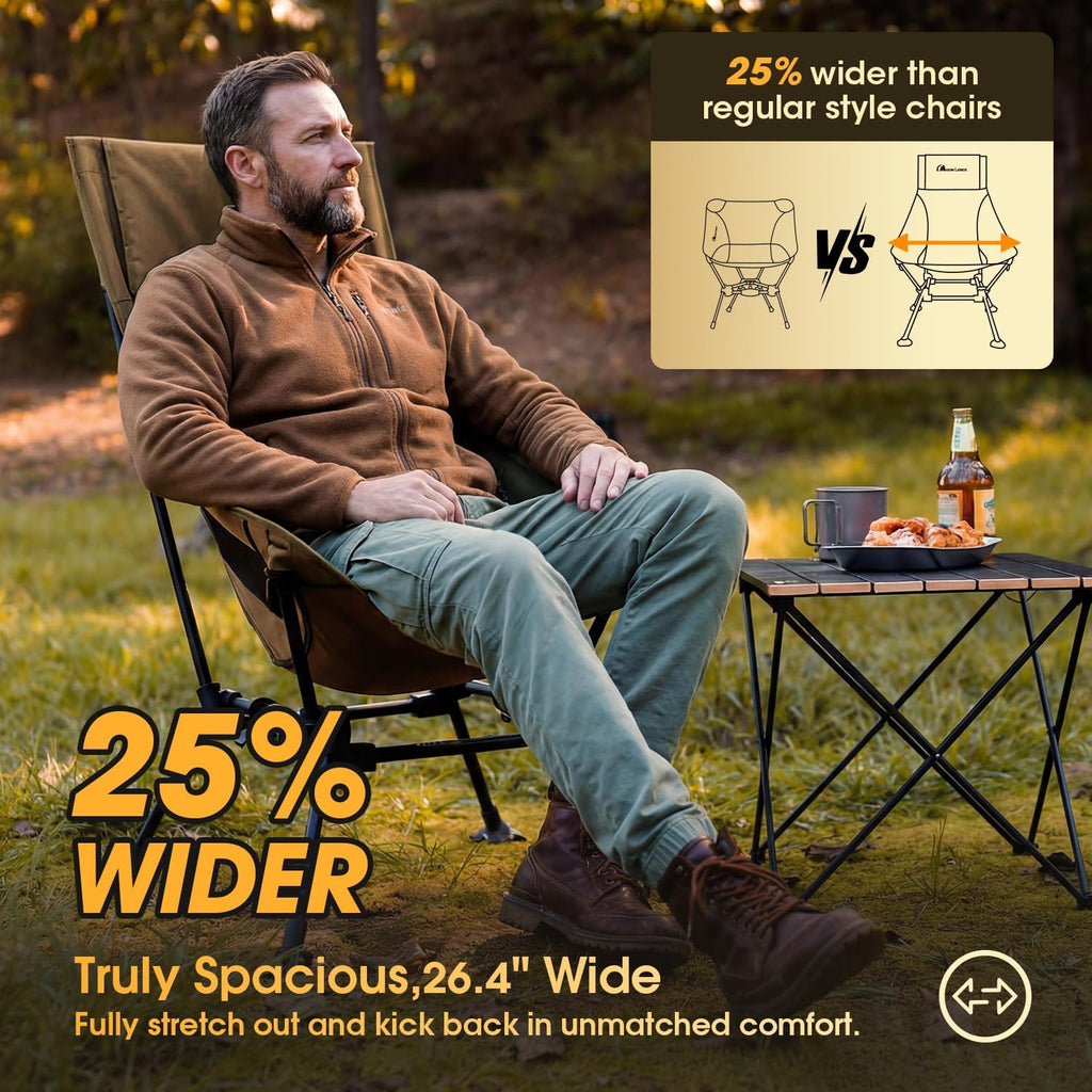 MOON LENCE Oversized High Back Camping Chair for Adults, Height Adjustable Folding Camp Chair | 400 lbs Capacity & 5.4 lbs Weight, Hidden Pillow Pocket Wide Seat for Camping Fishing Overlanding, Khaki