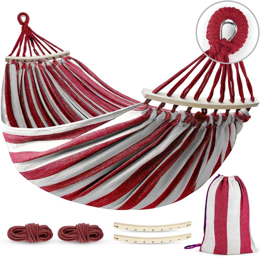 MOSFiATA Hammocks Portable Camping Hammock Upgraded 550lb Thickened Fabric Single Hammocks with Two Anti Roll Balance Beam and Tree Straps for Camping, Patio, Backyard, Outdoor(Red White)