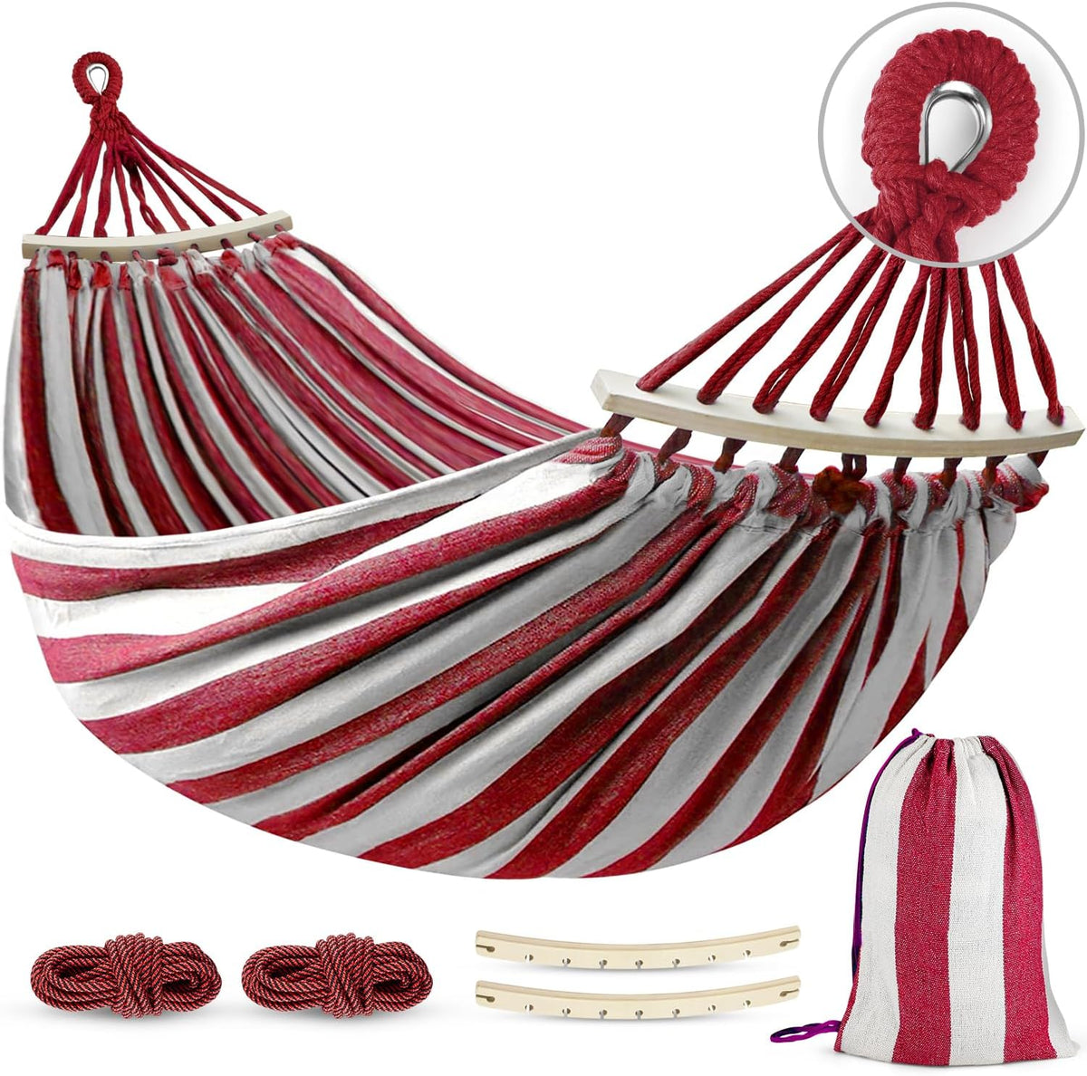 MOSFiATA Hammocks Portable Camping Hammock Upgraded 550lb Thickened Fabric Single Hammocks with Two Anti Roll Balance Beam and Tree Straps for Camping, Patio, Backyard, Outdoor(Red White)