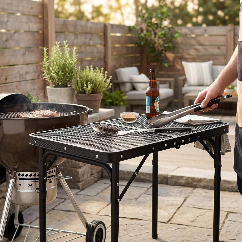 Foldable Grill Table Camping Table with Mesh Top Portable Aluminum Adjustable Height