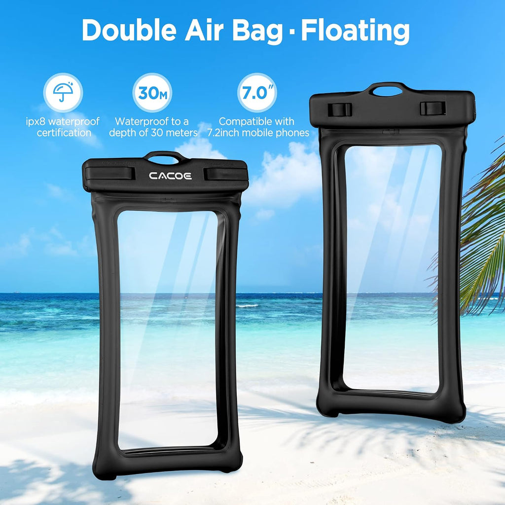 CACOE Floatable Waterproof Phone Pouch 2 Pack Up to 7.0",Black+Black