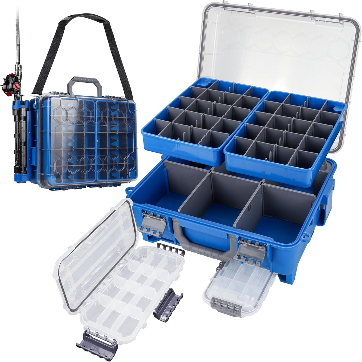 RUNCL Upgraded Large Capacity Waterproof Floating Tackle Box with Rod Holder, Airtight Organizer with Removable Trays for Lures Hooks Baits, Durable Fishing Gear Storage Gift for Anglers
