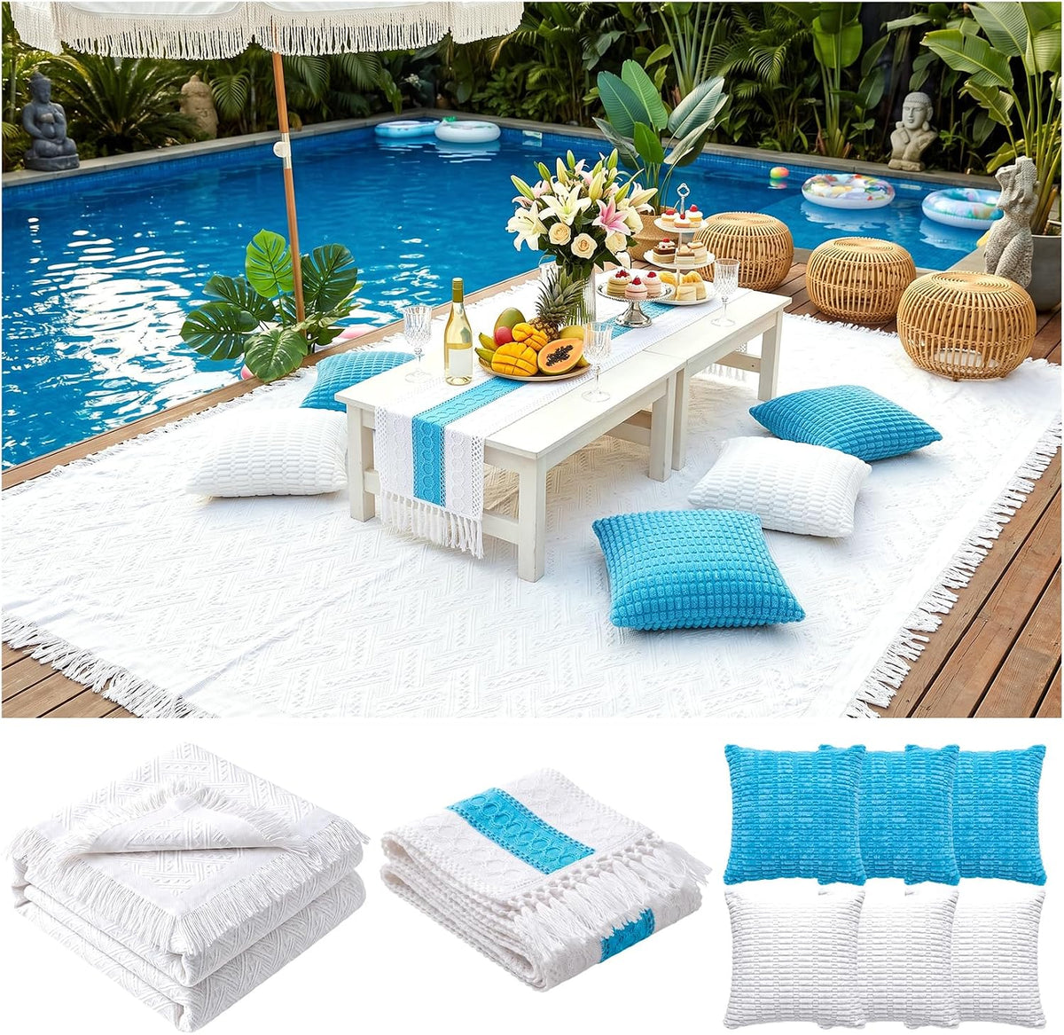RYCHIC Extra Large Outdoor Picnic Blanket Folding Table Runner 6 Pillows Covers Oversized Sandrpoof Towel Outdoor Rug Family Trip Essentials Summer Vacation Must Have Travel Accessories Lake Day Stuff