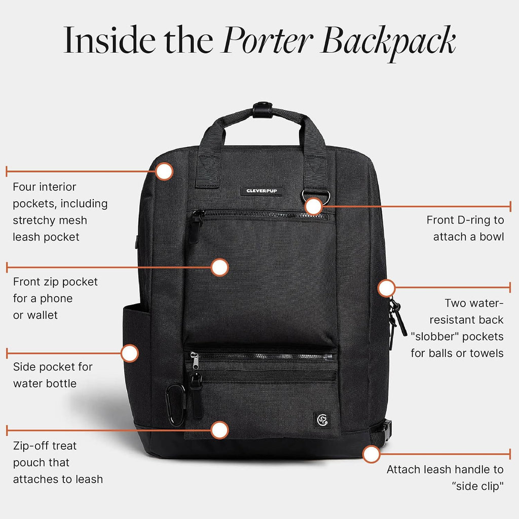 Cleverpup Porter 2-in-1 Dog Gear Travel Backpack - 10 Pockets, Graphite