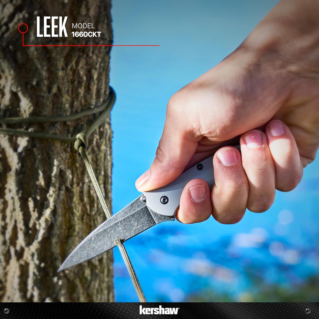 Kershaw Leek, BlackWash Pocket Knife (1660BLKW); 3 Sandvik 14C28N Steel Blade, 410 Stainless Steel Handle, BlackWash Finish, SpeedSafe Assisted Open, Frame and Tip Locks, Reversible Pocketclip; 3 OZ
