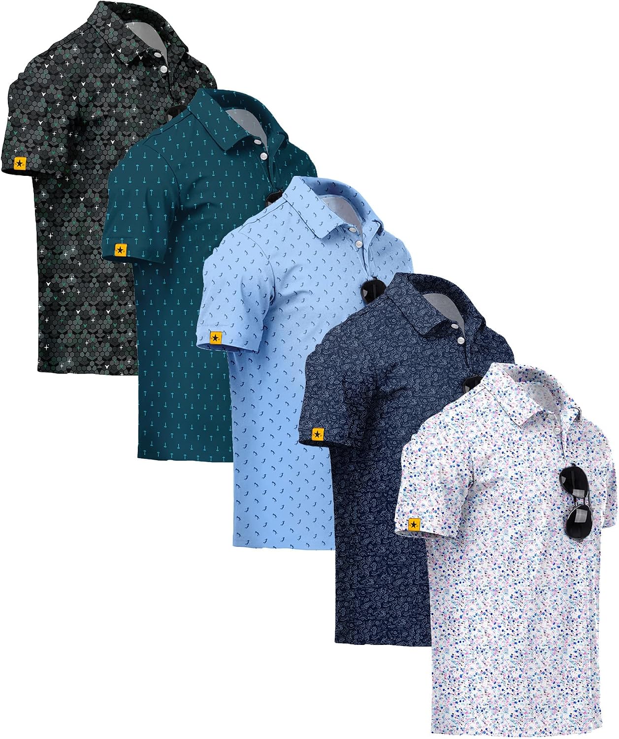 ZITY 5 Pack Mens Golf Shirt Short Sleeve UPF 50+ Print Patterns Casual Polo