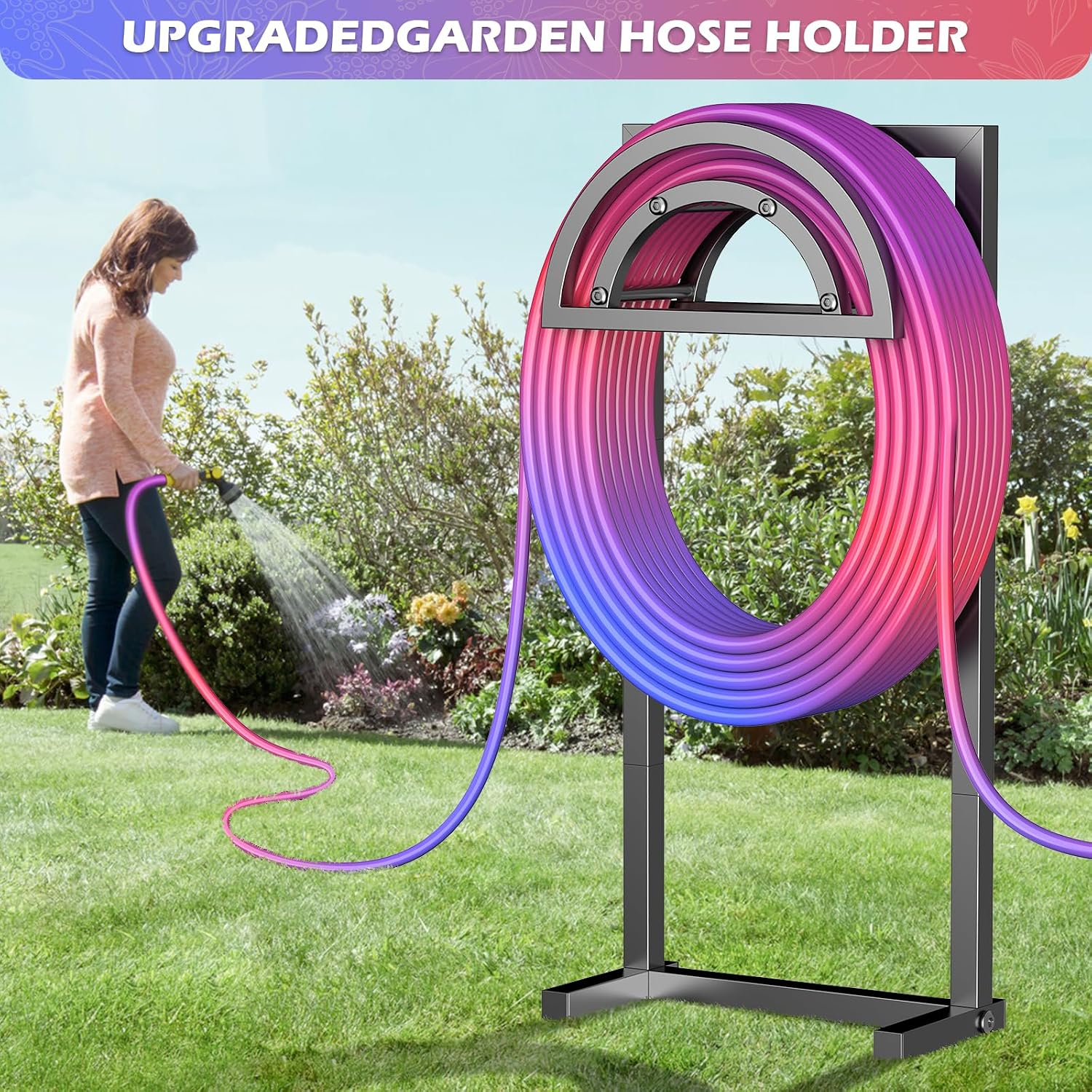 OLV Hose Holder Holds 150-ft Water Pipe, Outdoor Freestanding Heavy Duty Water Hose Holder Reel with 4 Spikes, Detachable Metal Hose Storage Stand Hanger Rack for Outside Yard Lawn Farm, Black