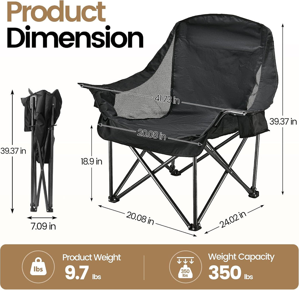 2 Pack Oversized Camping Chairs for Adults & Teens, Heavy Duty 400 LBS Capacity Portable Folding Mesh Lawn Chairs for Camping, Beach, Picnic, Patio, Fishing, RV (Black, Mesh)