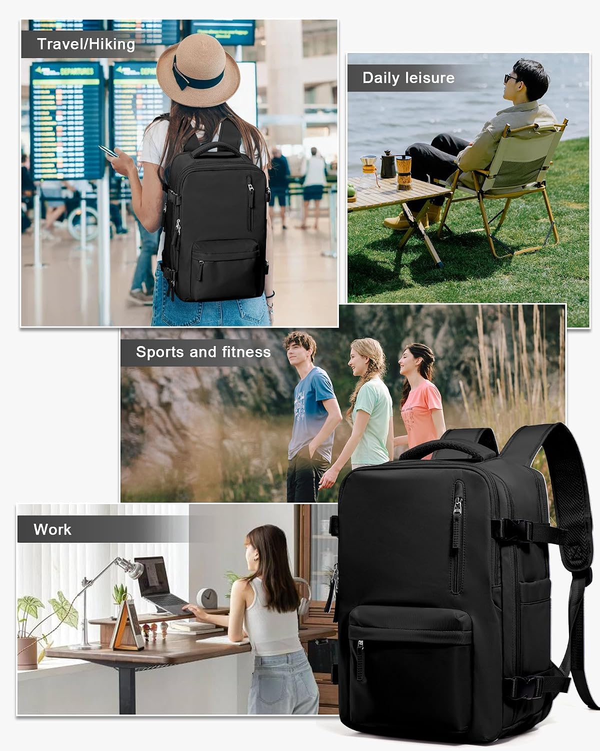 WONHOX Travel Backpack Women,Carry On Backpack Flight Approved 18x14x8 inches Bag Spirit Airlines Personal ltem,College Sports Hiking Rucksack Waterproof Casual Daypack Laptop Blackpack Men,Black