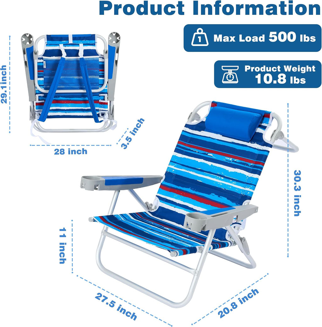 SUNNYFEEL Extra Wide Low Beach Chair 2 Pack 5 Position Lay Flat 500 LBS Heavy Duty, XL Oversized Folding Camping Chairs with Cup Holder for Outdoor/Sand, Portable Backpack Beach Chair for Adults