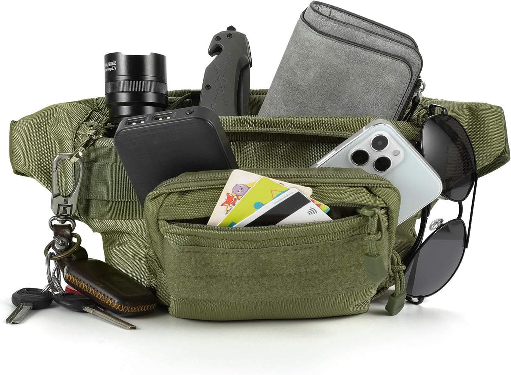 FRTKK Tactical Fanny Pack Military Waist Bag Pack with USA Flag Patch Utility Hip Pack with Adjustable Strap for Outdoors Fishing Cycling Camping Hiking Dog Walking (Army green 2)