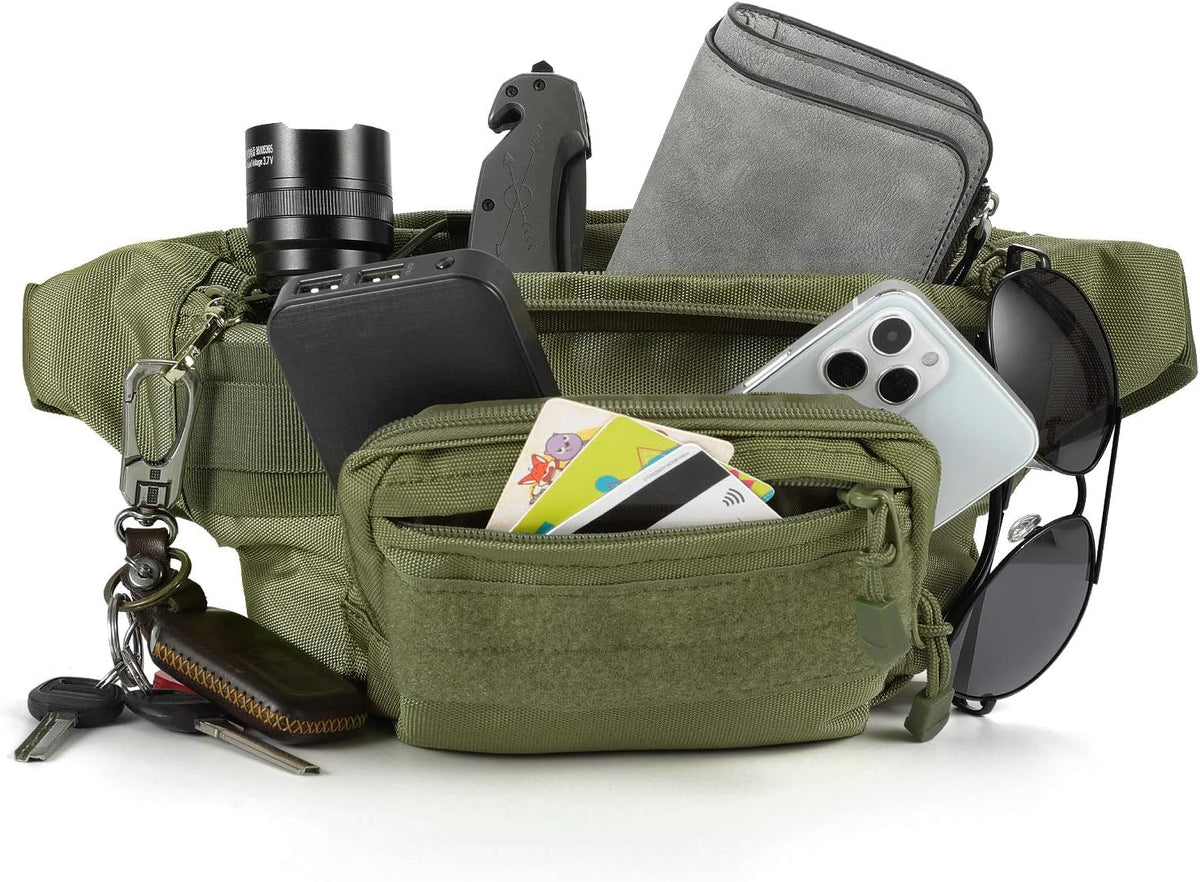 SOWHUP Tactical Fanny Pack,Military Waist Bag Pack with U.S Patch Utility Hip Belt Bumbag for Outdoor Fishing Hiking (Army Green(4 Zipper Pockets))