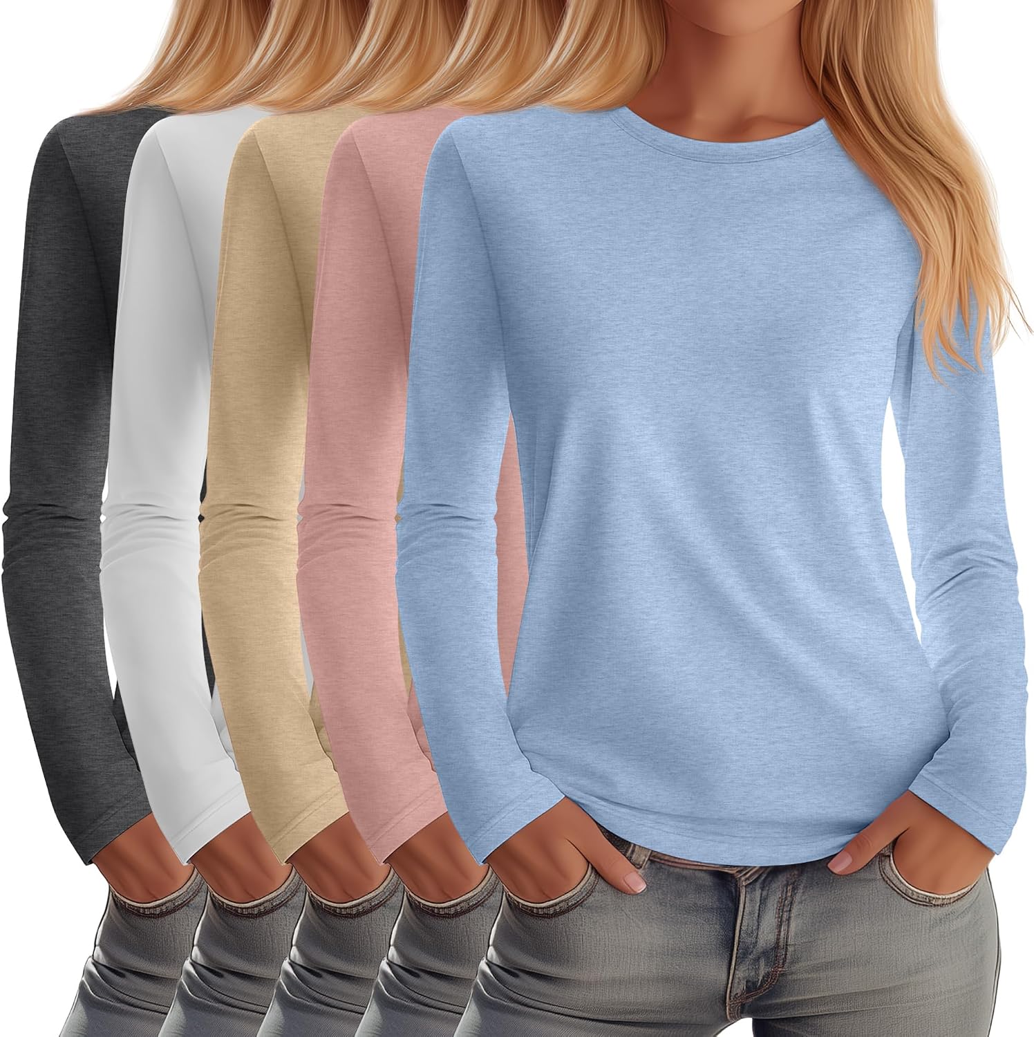 Huukeay 5 Pack Women's Crew Neck Long Sleeve Shirts