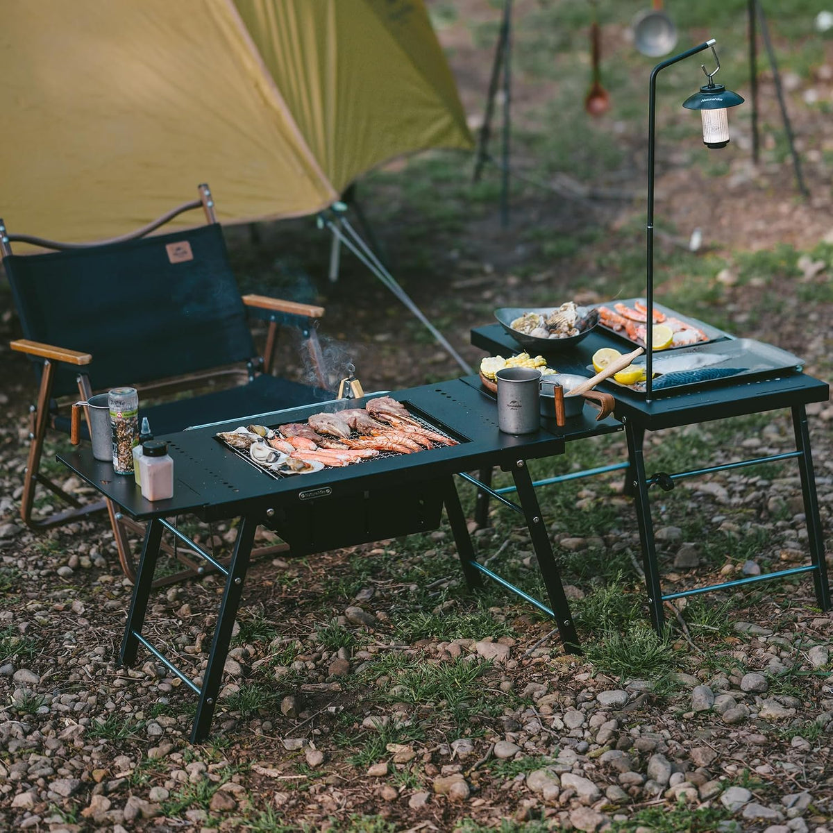 Naturehike Portable IGT Table with Charcoal Grill, Folding Camping Table and BBQ Grill with Desk Extension & Lantern Stand, Perfect for Outdoor Barbecue Camping Cooking Travel Picnic