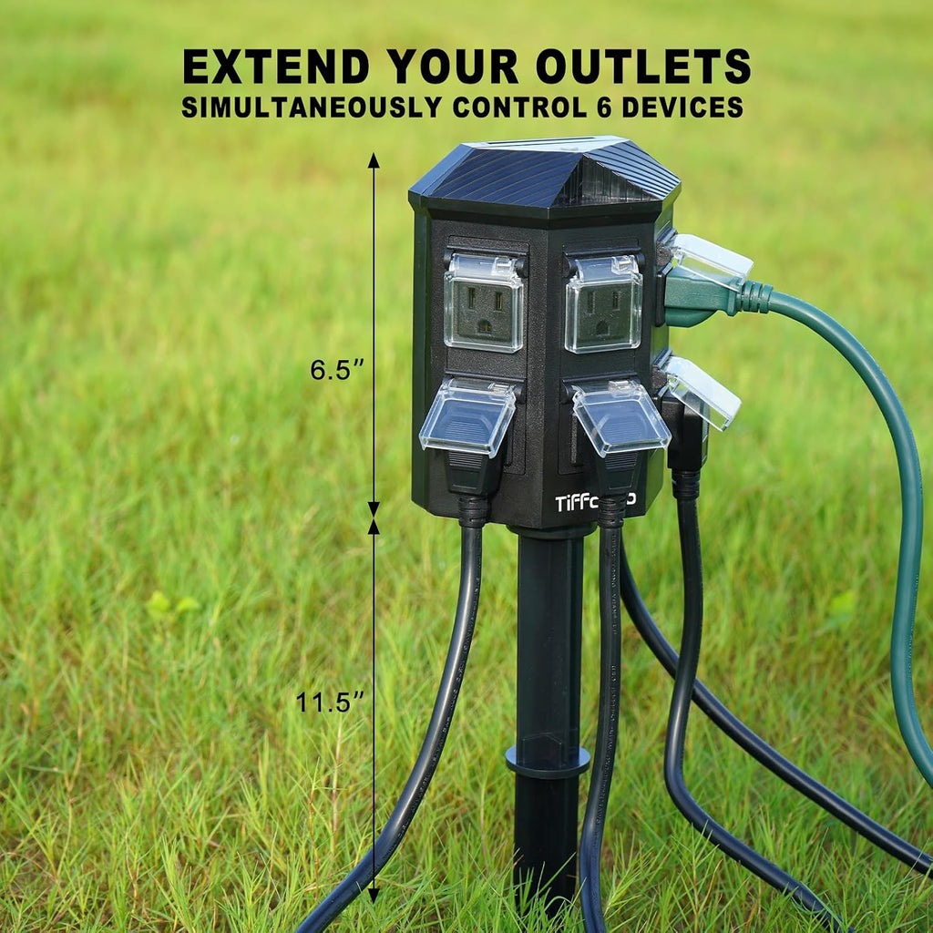TiFFCOFiO Outdoor Power Strip Weatherproof, 25 FT Extension Cord with Stake, 6 Grounded Outlets for Yard, Pool and Garden Decorations, 15A/1875W, ETL Listed