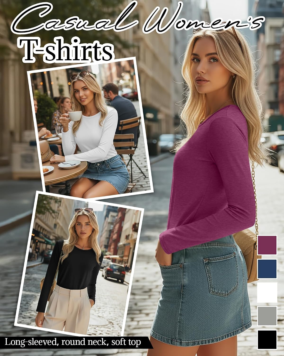 Huukeay 5 Pack Women's Crew Neck Long Sleeve Shirts
