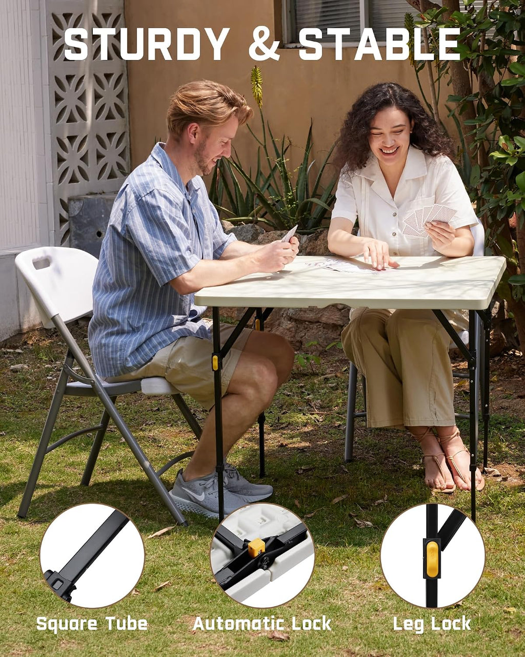 FanttikOutdoor Folding Card Table 2 Heights, 34" Square Plastic Party Table
