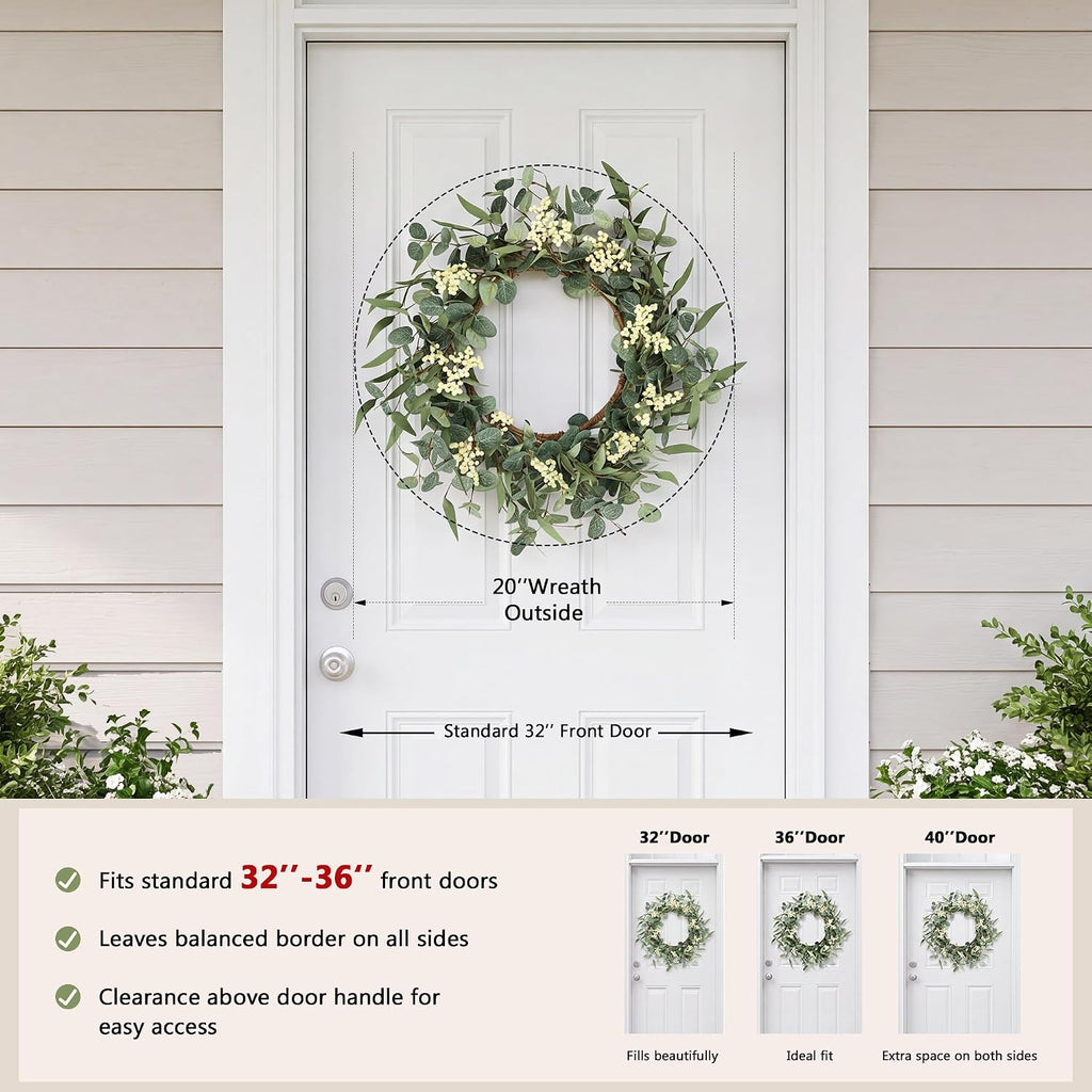 Pinkpum 20'' Eucalyptus Wreath for Front Door Porch Decor, Spring Summer