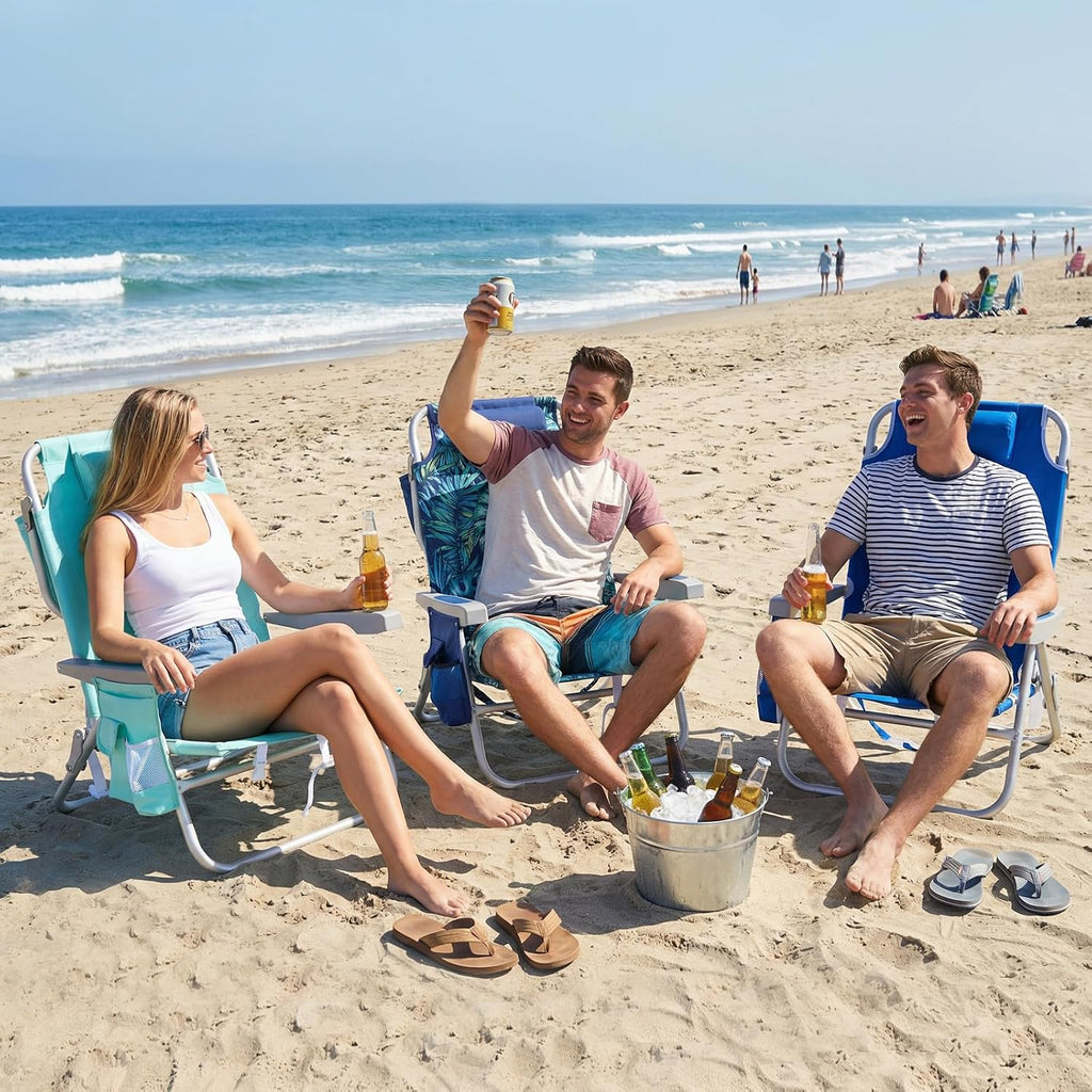 SUNNYFEEL Low Beach Chair, 5-Position Lay Flat Reclining Backpack Chair with Cooler Bag & Cup Holder, Portable Folding Beach Chair for Adults, Heavy Duty 350 LBS, Blue