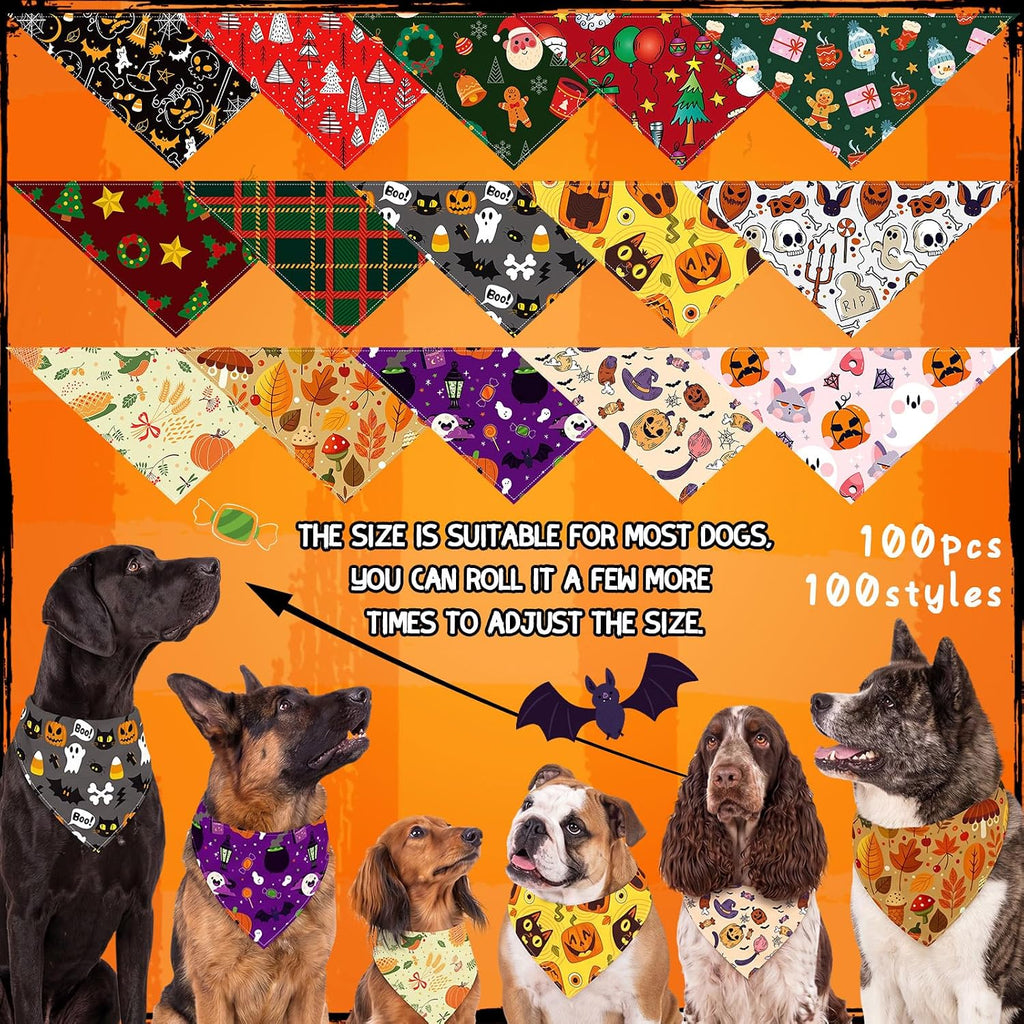 Huhumy 100 Pcs Seasonal Dog Bandanas Bulk Halloween Bandana for Large Dog