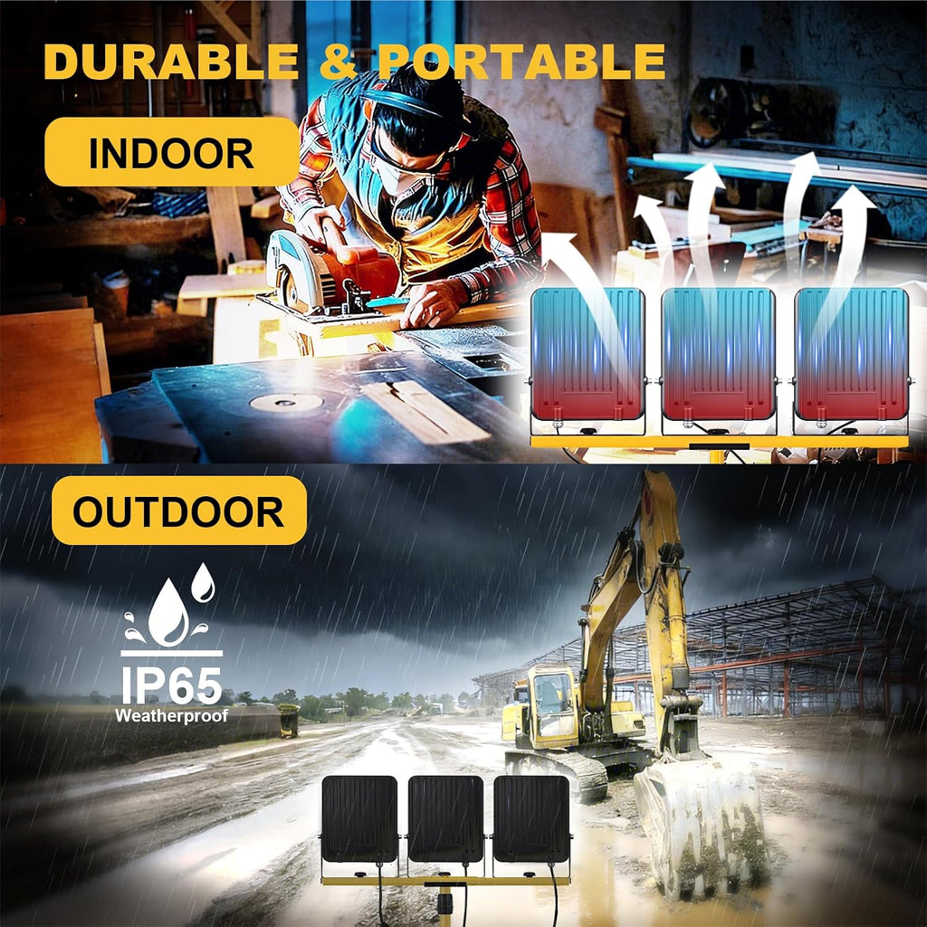 50000Lumen LED Work Lights with Stand - 3 Head Portable Work Light with IP65 Waterproof, Adjustable Stand, 16ft Cord for Construction Sites, Garage, Warehouse Lighting - Indoor Outdoor