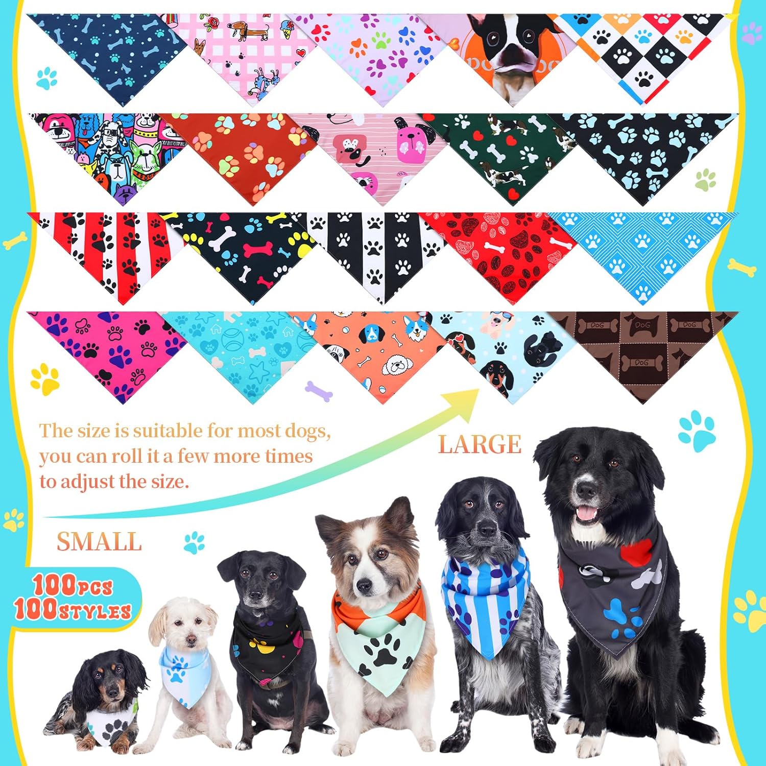 Huhumy 100 Pcs Paw Dog Bandanas Bulk Pet Paw Grooming Bandanas for Dogs