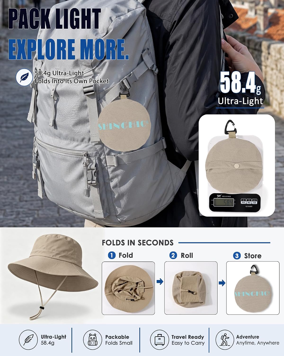 Water-Resistant UPF 50+ Sun Bucket Hat Packable Brimmed for Women Men