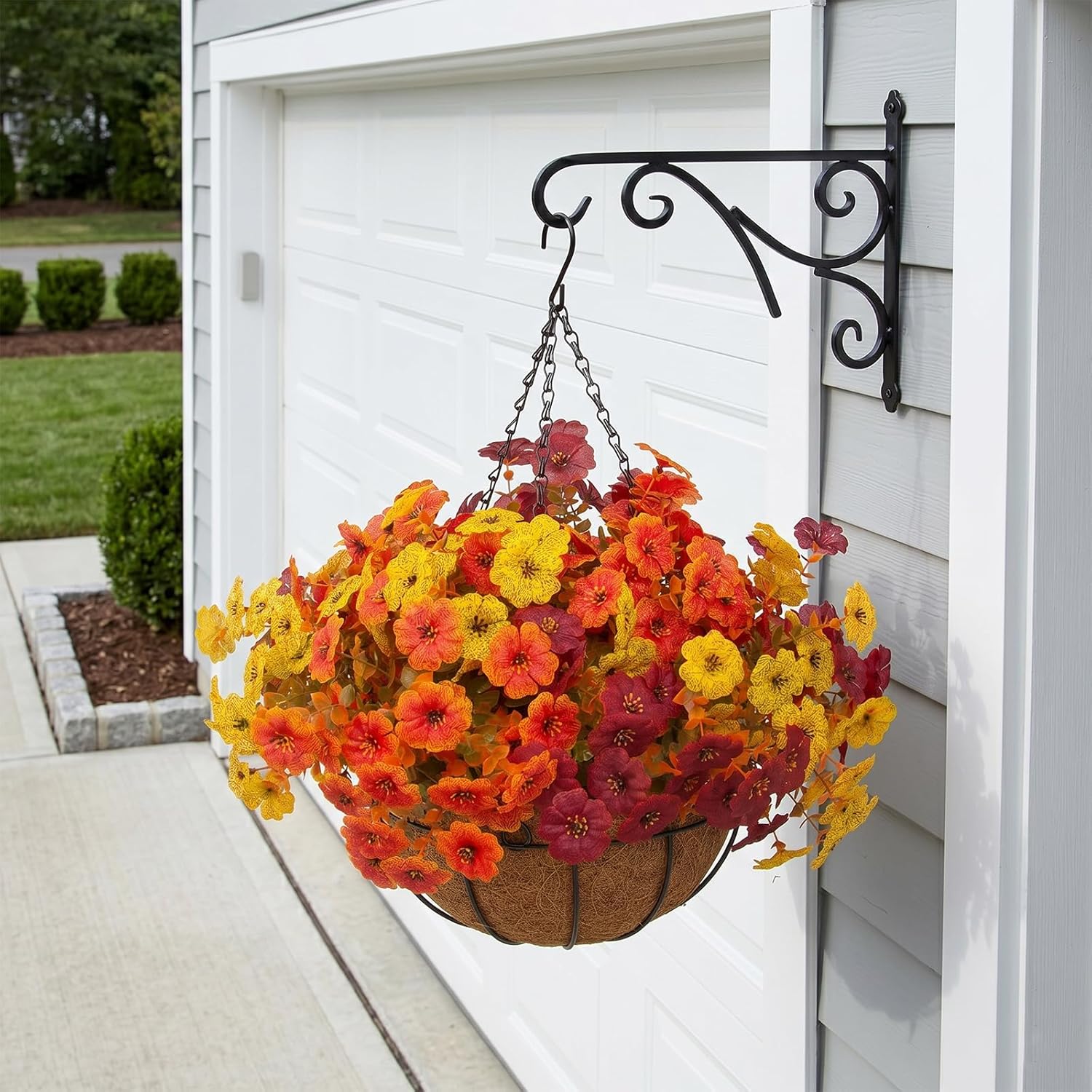 Hananona 2 Set Artificial Outdoor Fall Flowers with Hanging Basket, 2 Packs Hanging Planters with 24 Pcs Faux Fall Mums for Autumn Front Porch Garden Patio Home Decor (2, Orange,Yellow,Burgundy)