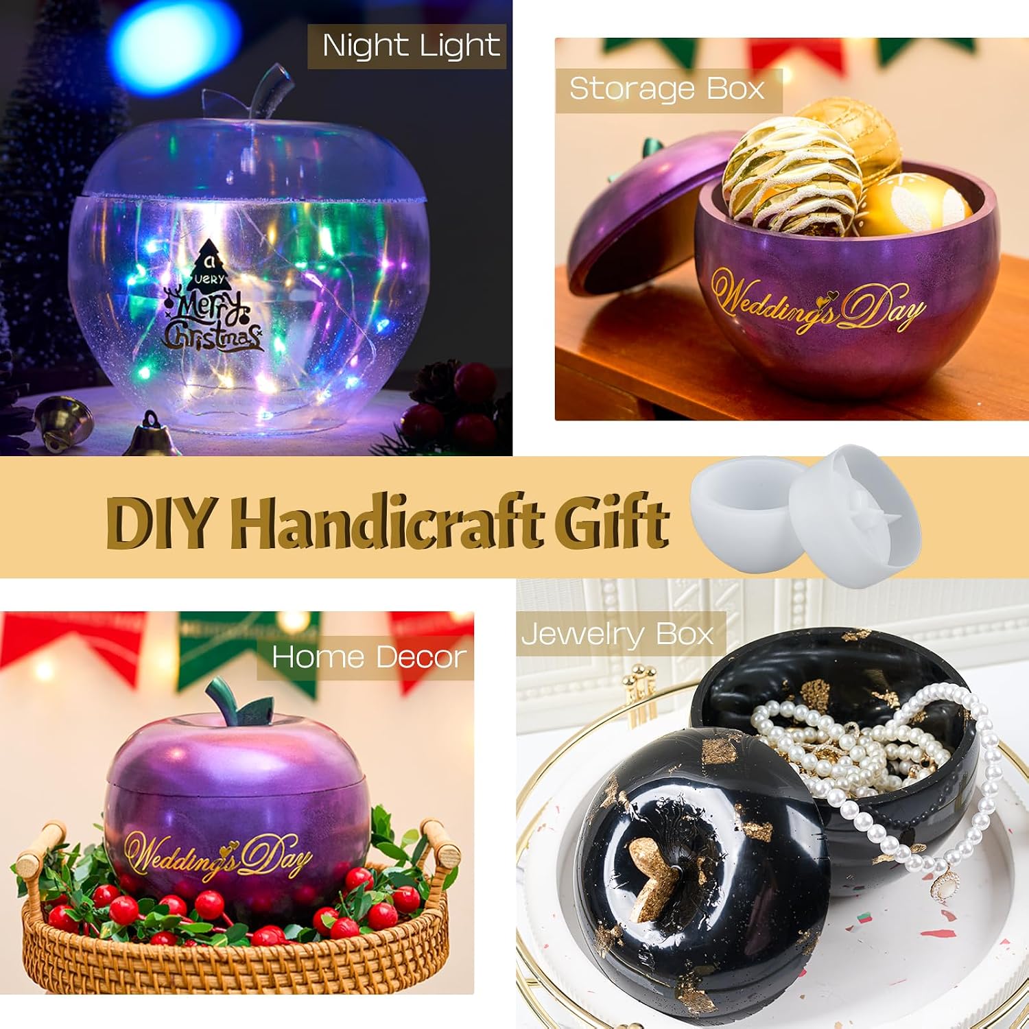 5“ Large Apple Jar Resin Mold, Jar Mold Christmas Epoxy Resin Mold with Lid