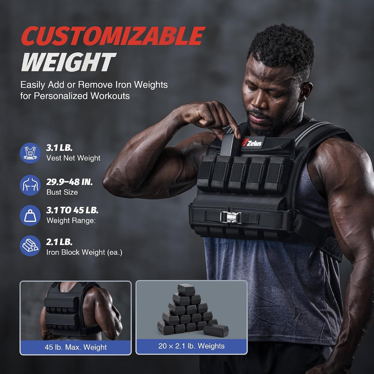 ZELUS Weighted Vest Men, 23lbs/36lbs/45lbs Adjustable Weight Vest