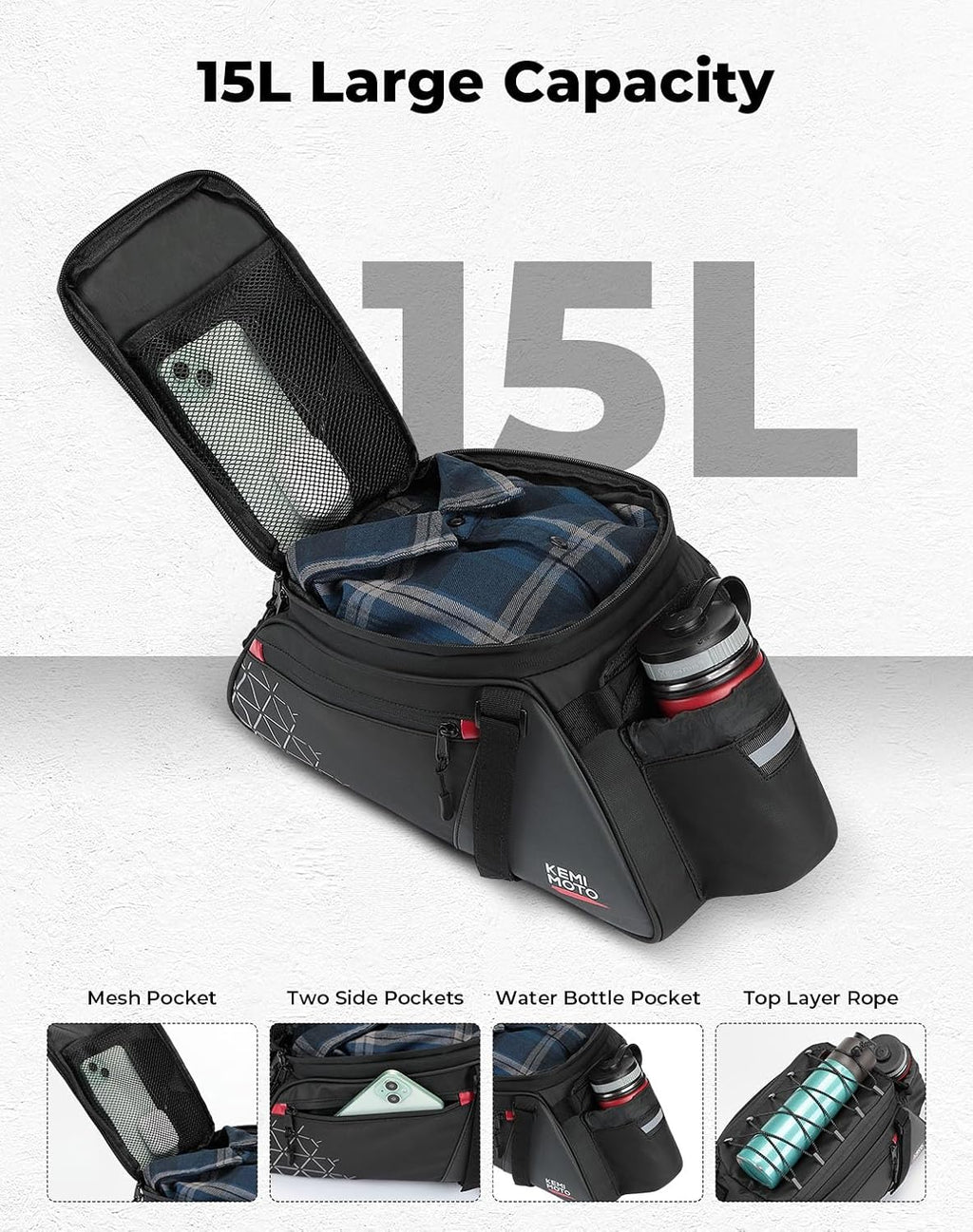 KEMIMOTO Bike Rack Bag 15L Expandable Rear Bike Bags for Bicycle